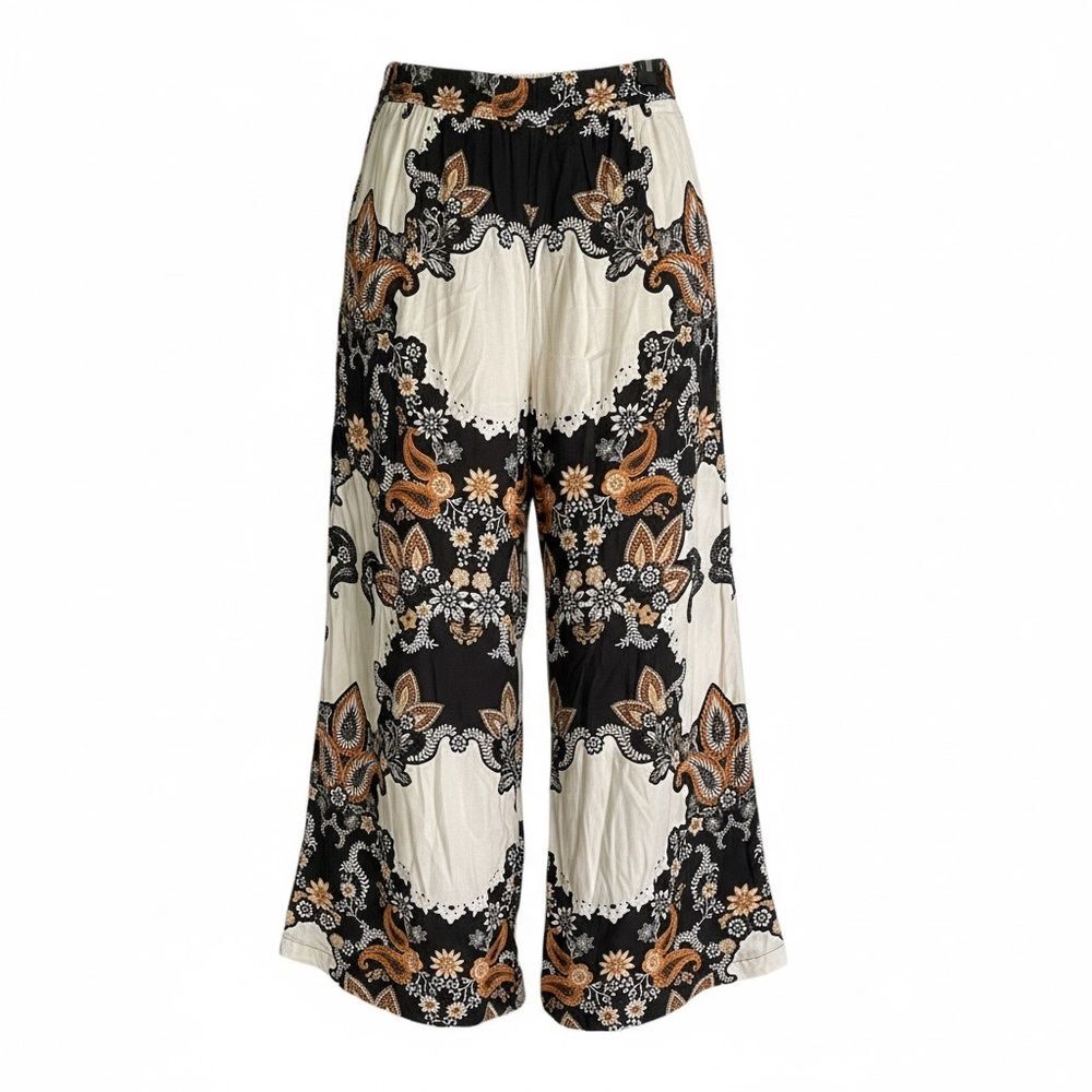 Ollari NY Anthropologie Boho Wide Leg Pants Black Cream Floral Print | Size S